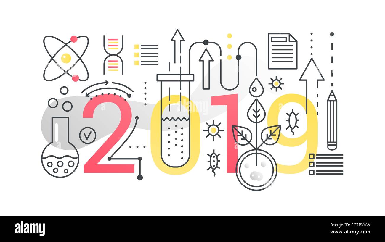 Science 2019 word trendy composition concept banner. Outline stroke technology, engineering, physics, modern education. Flat line icons lettering typography on white background Stock Vector