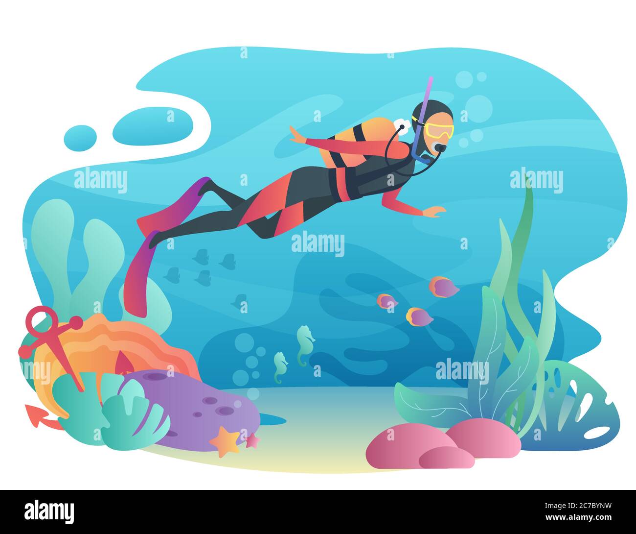 Professional Scuba Diver man dives in the ocean. Underwater swiming. Summer vacation concept of sport active holidays Stock Vector