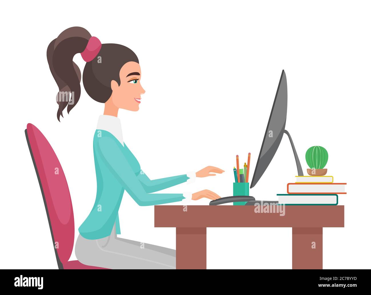 Young pretty woman works in office. Girl sitting at the table front side view vector illustration Stock Vector