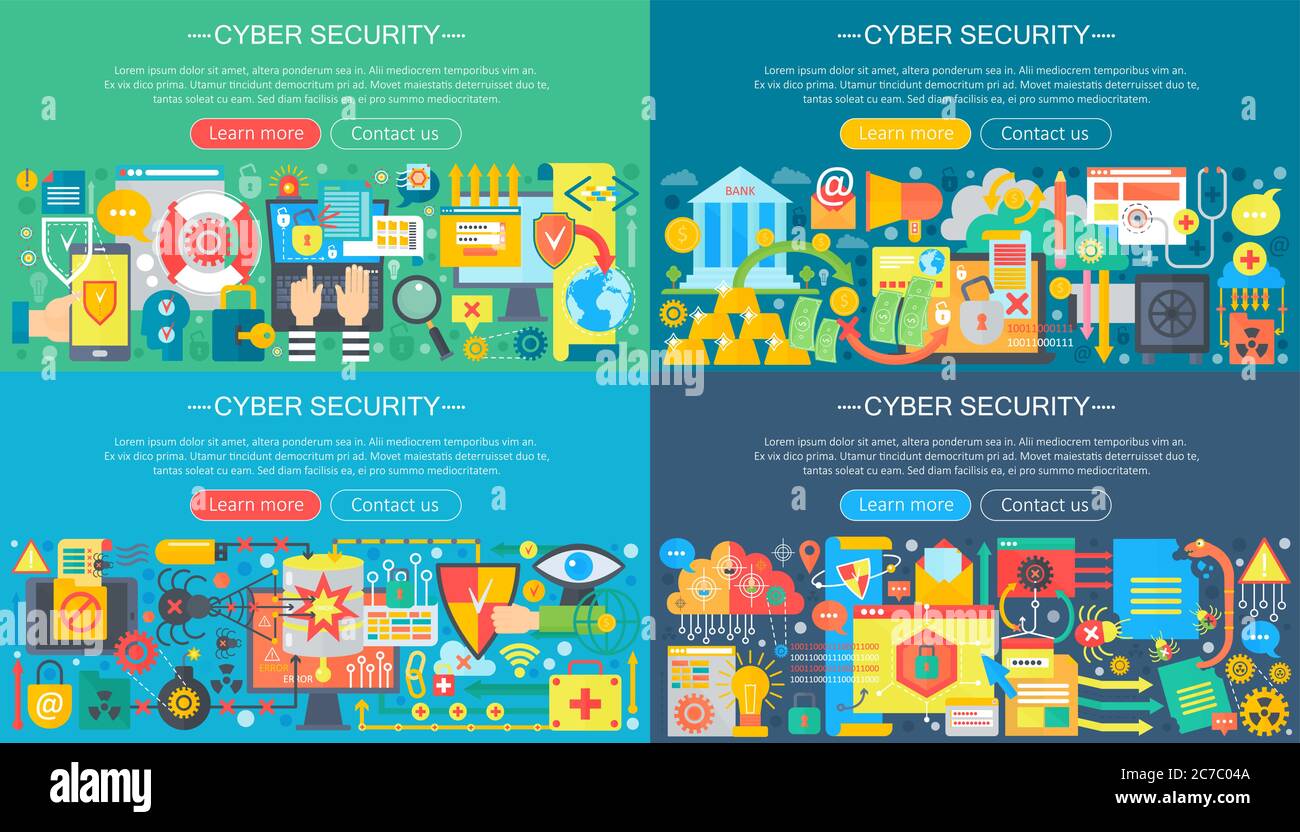 Vector collection of flat cyber security design concepts set. Cloud data service, computer protection and hacker attack concept with school icons items Stock Vector