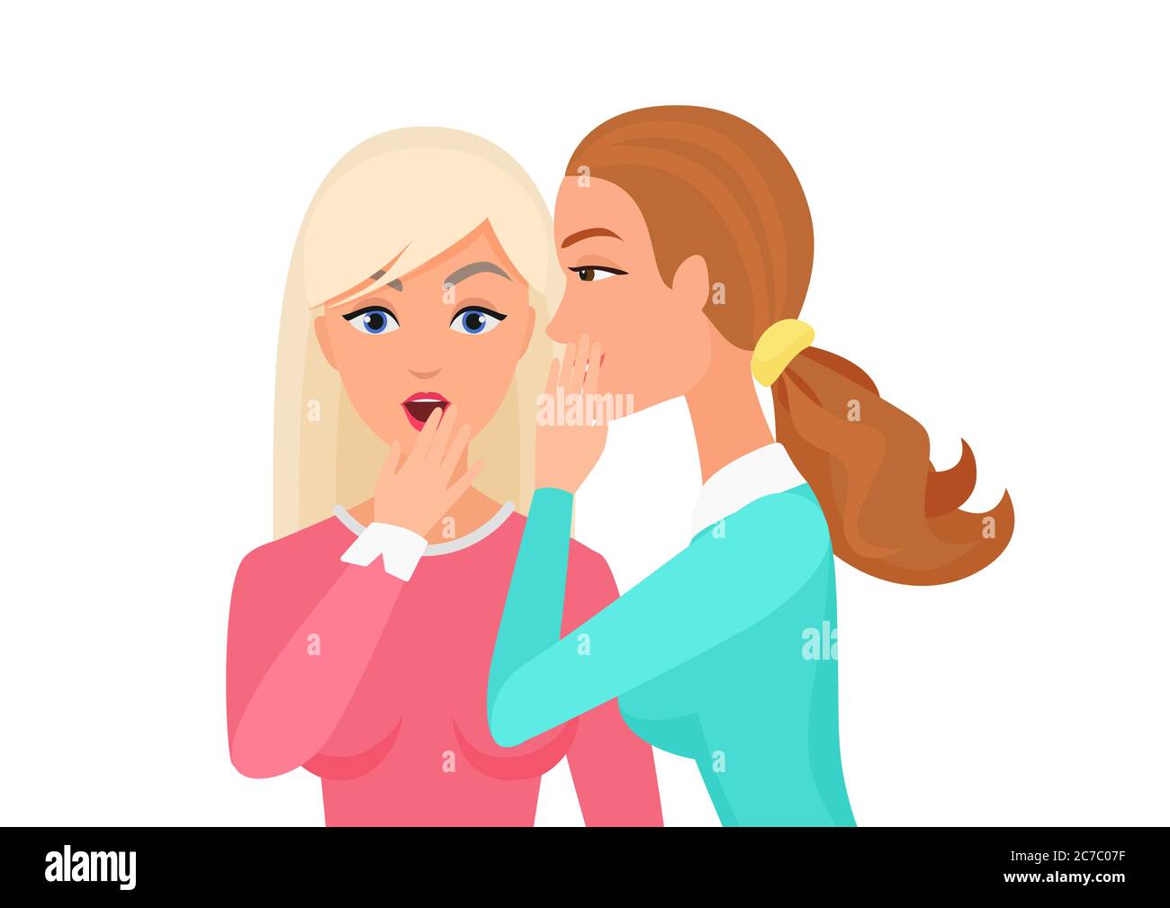 Woman whispering gossip, surprised, says rumors to other female character. Gossiping secret woman flat vector illustration Stock Vector