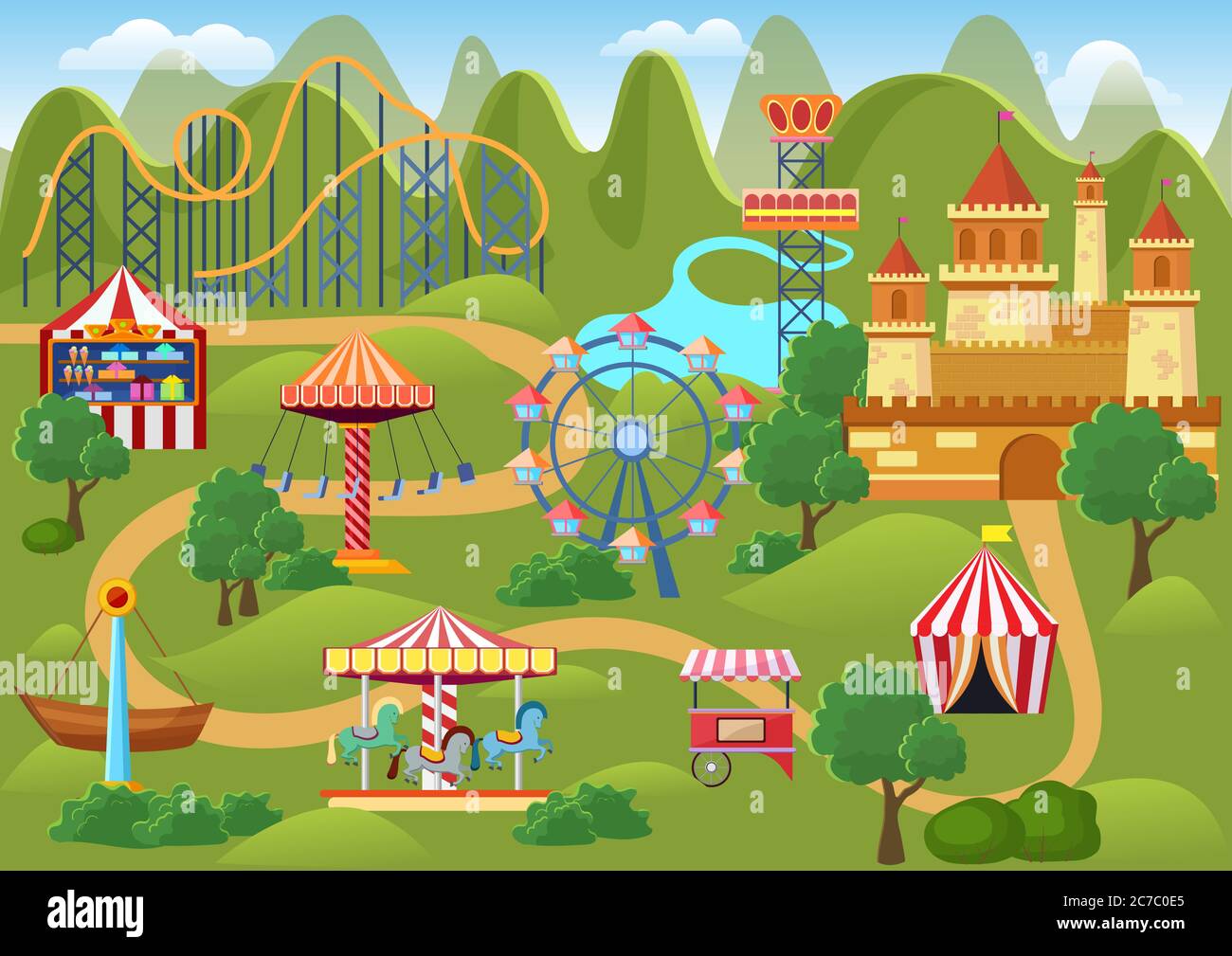 Amusement Park Clipart Map - Amusement Park Concept Landscape Map With Flat Fairground Elements Castle Mountains Cartoon Vector Illustration 2C7C0E5
