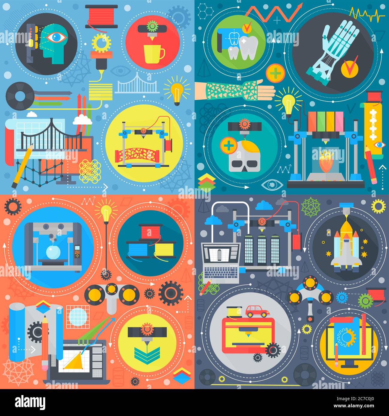 Volumetric printing concept design with printing technology details. 3d modeling industry vector illustrations set Stock Vector