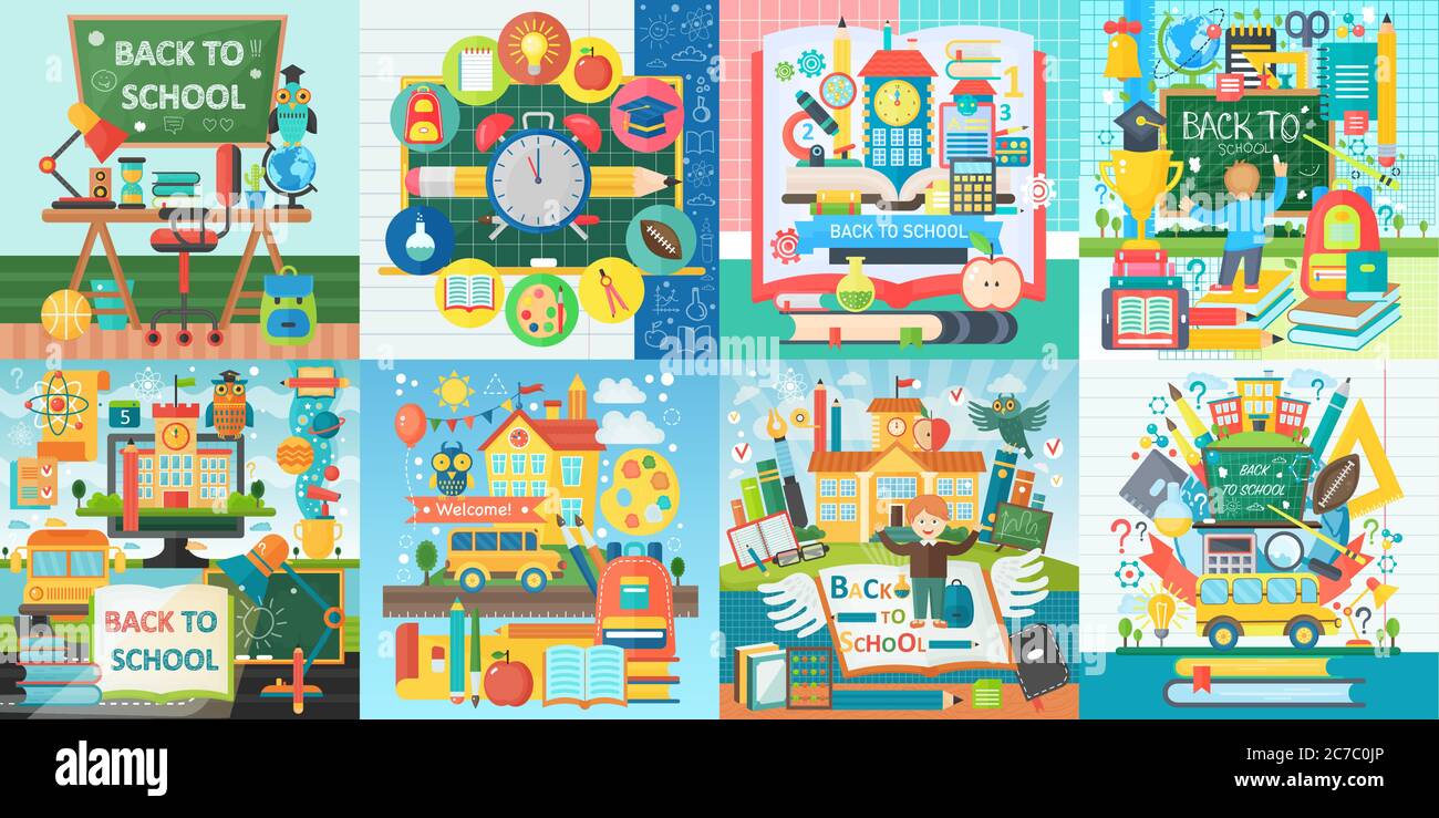 Vector collection of flat school education design concepts. Square banners set with school icons items. Back to school education concept Stock Vector