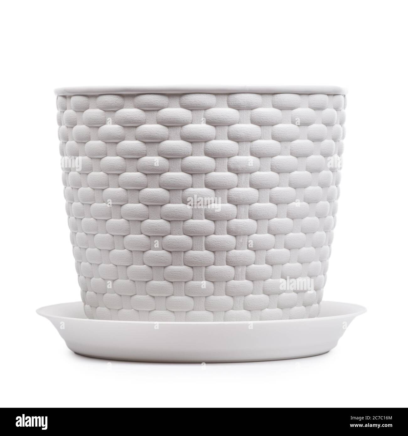White wicker plastic vase, empty pot with stand isolated Stock Photo