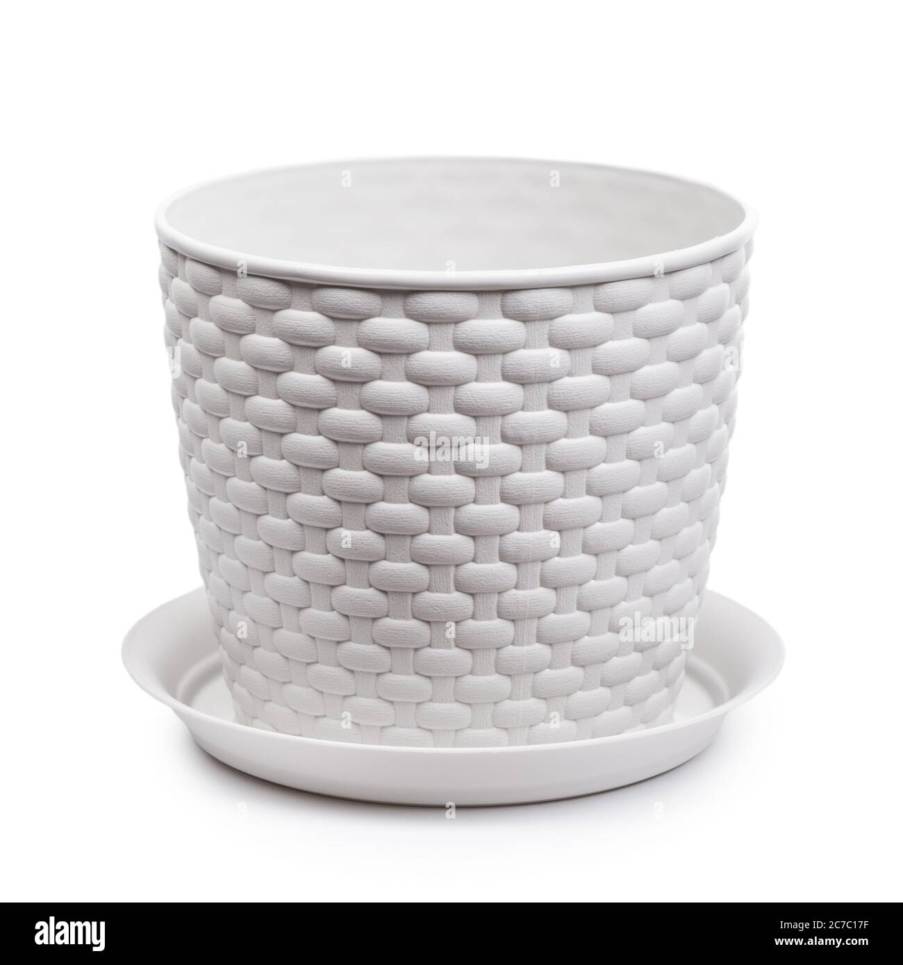 White wicker plastic vase, empty pot with stand isolated Stock Photo