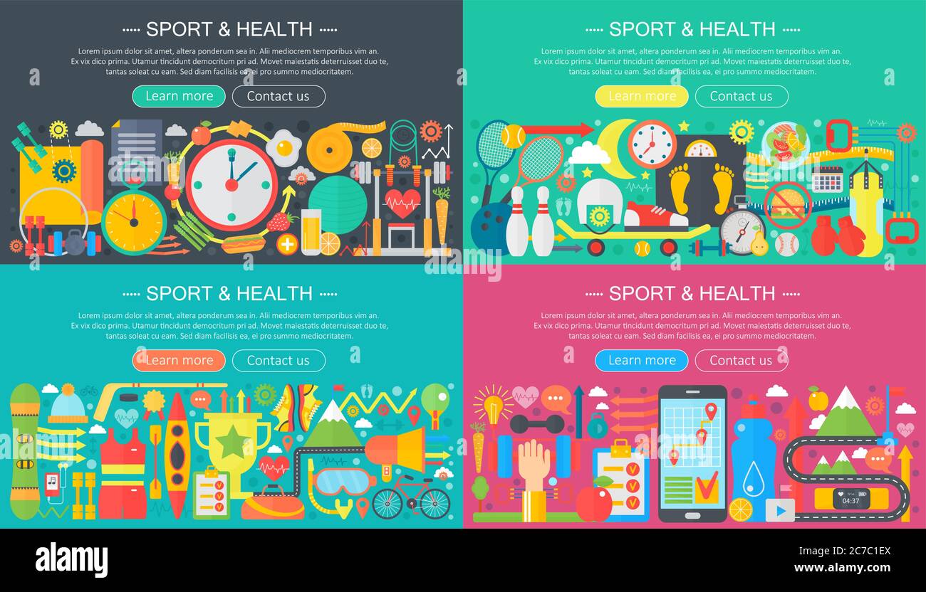 Fitness and sport concept with exercise equipment, diet food, bodybuilding and training. Horizontal flat vector banners set Stock Vector
