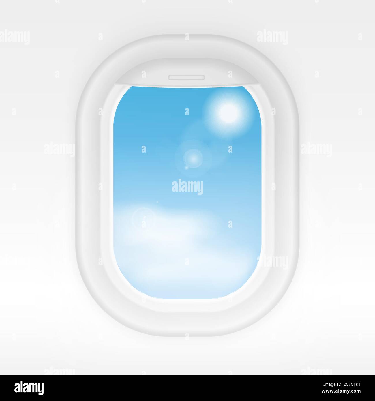 Aircraft realistic interior window with cloudy blue sky outside. Airplane windows travel or tourism vector concept Stock Vector