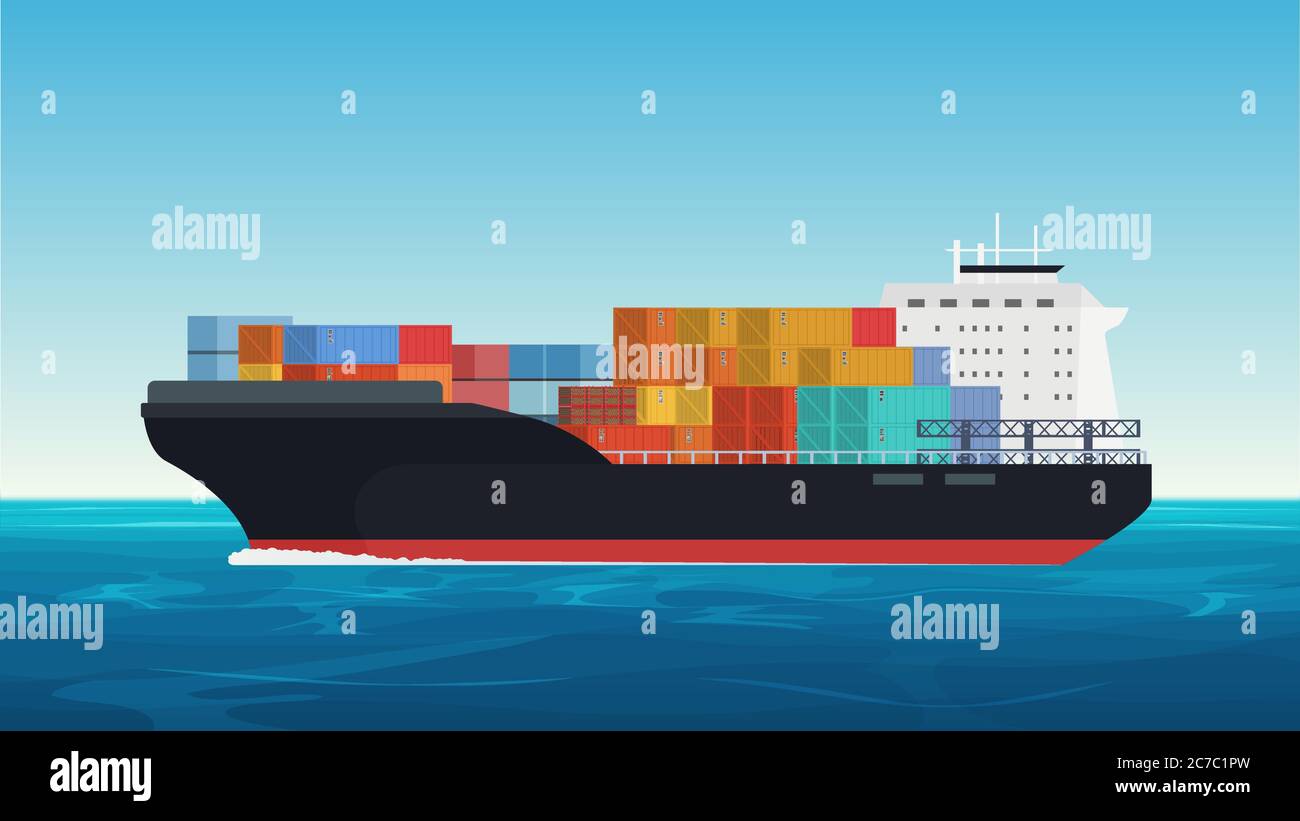 Vector Cargo ship with containers in the ocean. Delivery, transportation, shipping freight transportation Stock Vector