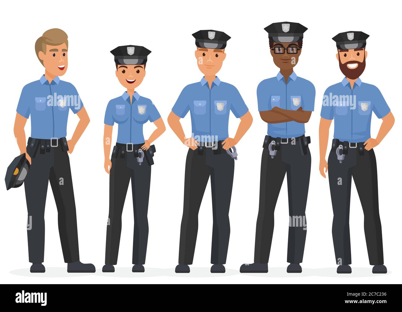 Group of cartoon security police officers. Woman and man police cops vector characters Stock Vector