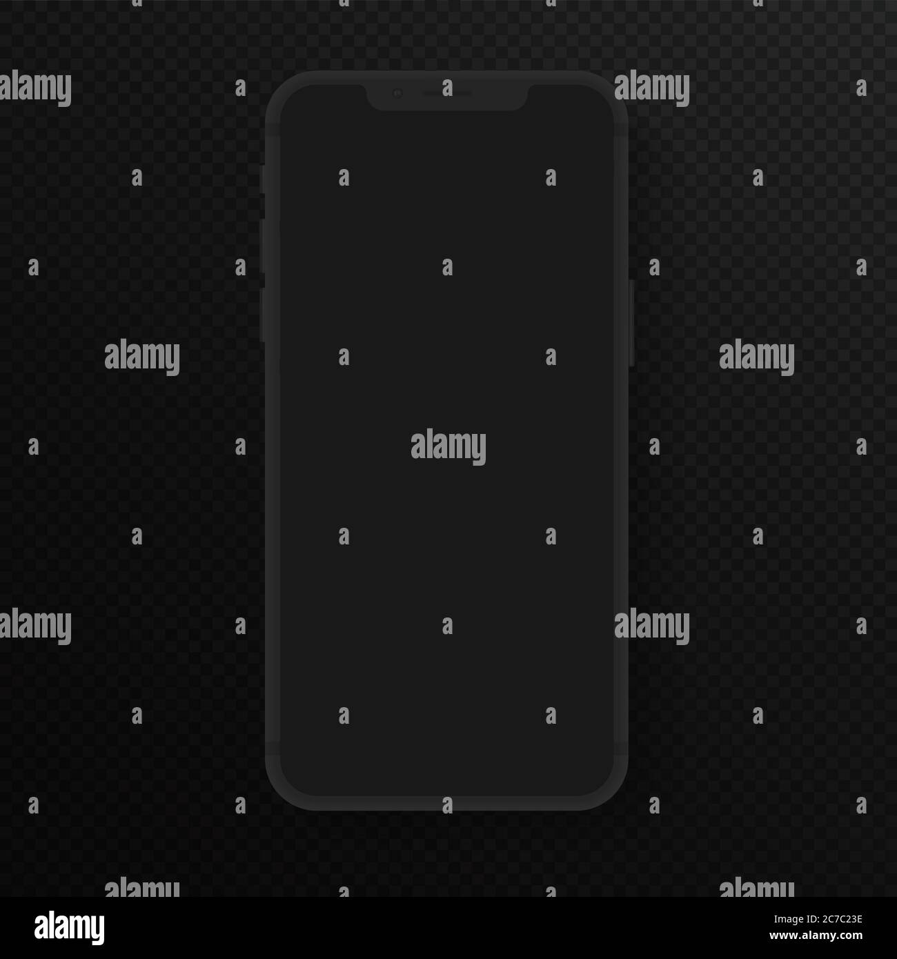 Realistic totally black vector smartphone. High quality detailed 3d realistic phone template for inserting any UI interface test or presentation. Floating soft dark mock up with no frame display Stock Vector