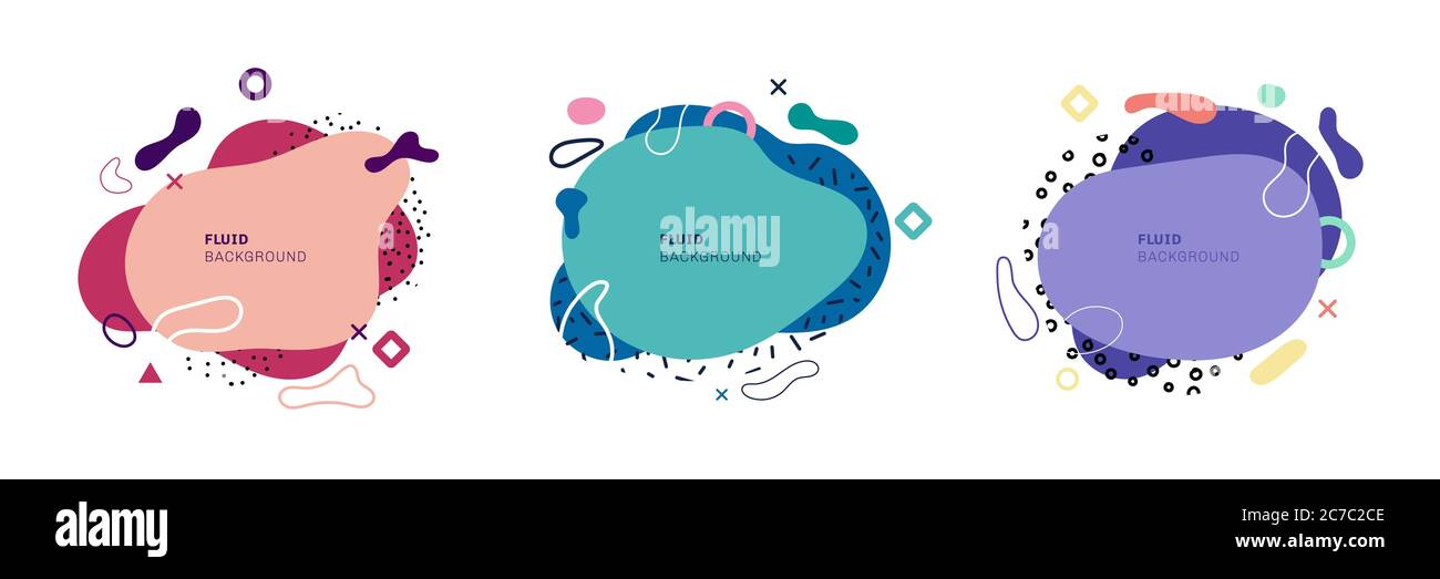 Set of abstract fluid shapes with geometric elements on white background. Vector illustration Stock Vector
