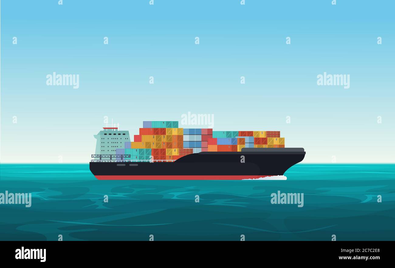 Cargo transportation ship with containers in the ocean. Delivery, shipping freight transportation concept vector illustration Stock Vector