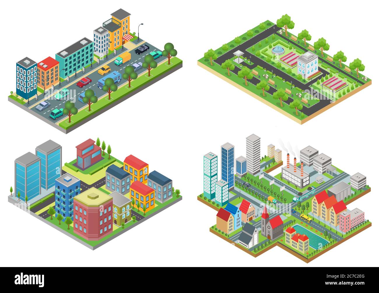 Set of isolated 3d Isometric Realistic cartoon urban City Maps top view vector iullustration Stock Vector