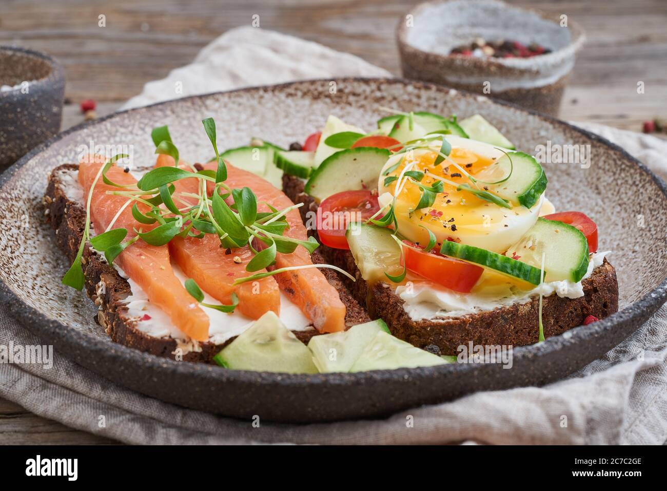 Smorrebrod - traditional Danish sandwiches. Black rye bread with Stock ...