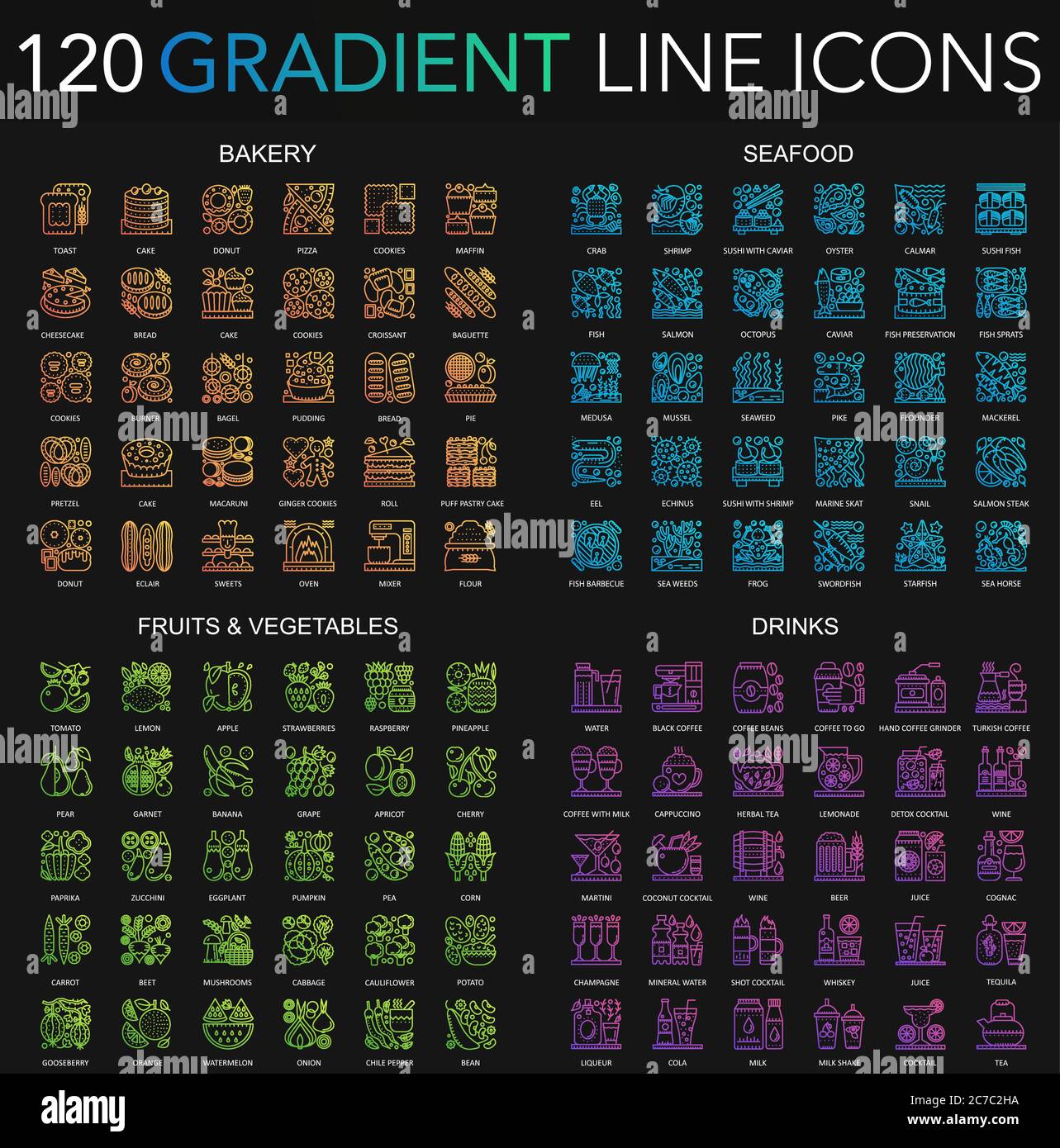 120 trendy color gradient complex thin line icons set of Bakery ...
