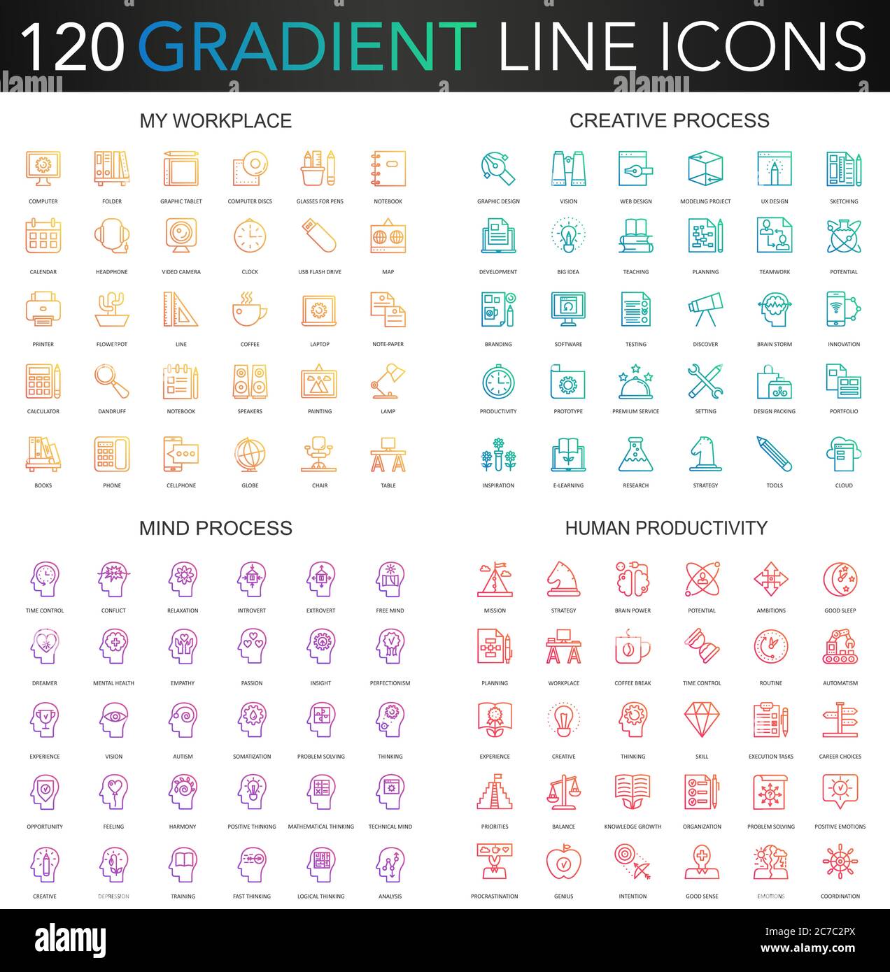 120 trendy gradient style thin line icons set of my workplace, creative process, human productivity, mental mind process isolated Stock Vector
