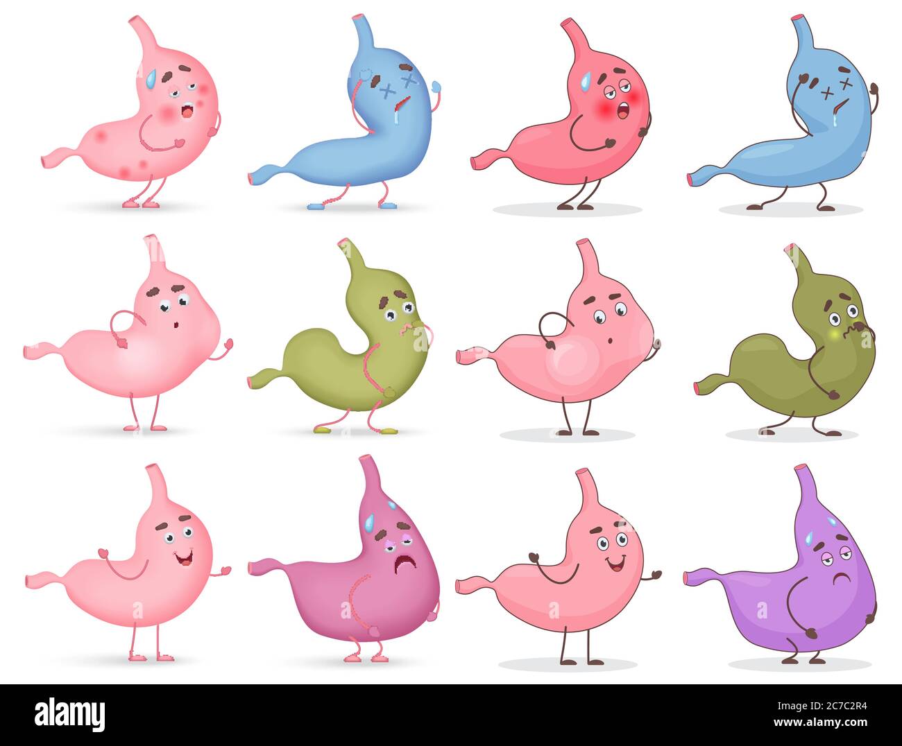 Cartoon set of cute stomach emotions set. Different types of stomach sickness vector illustration Stock Vector