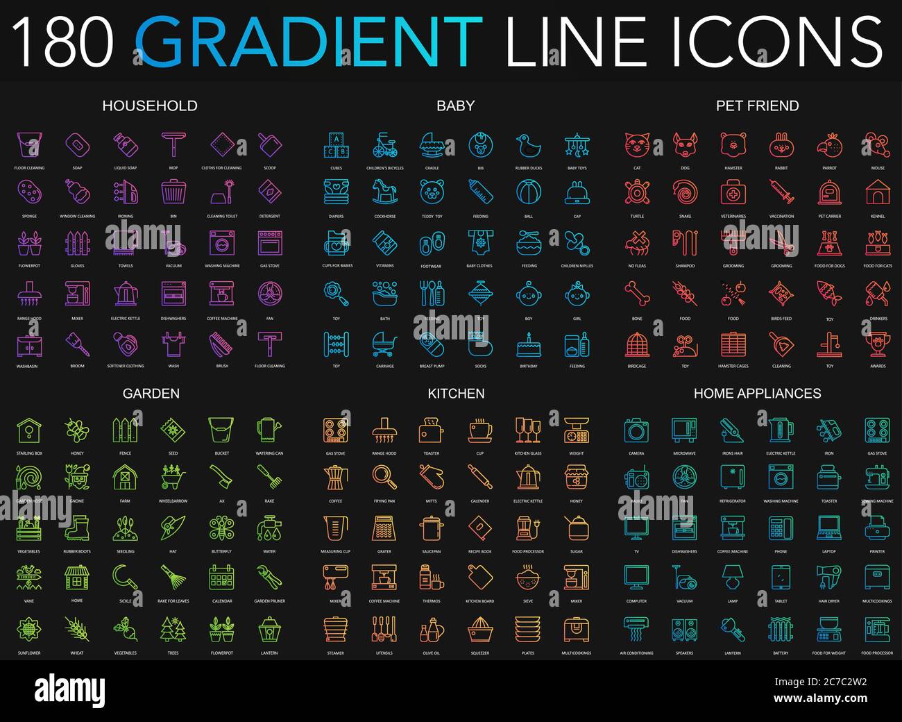 180 trendy gradient style thin line icons set of household, baby, pet friend, garden, kitchen, home appliances isolated on black background Stock Vector