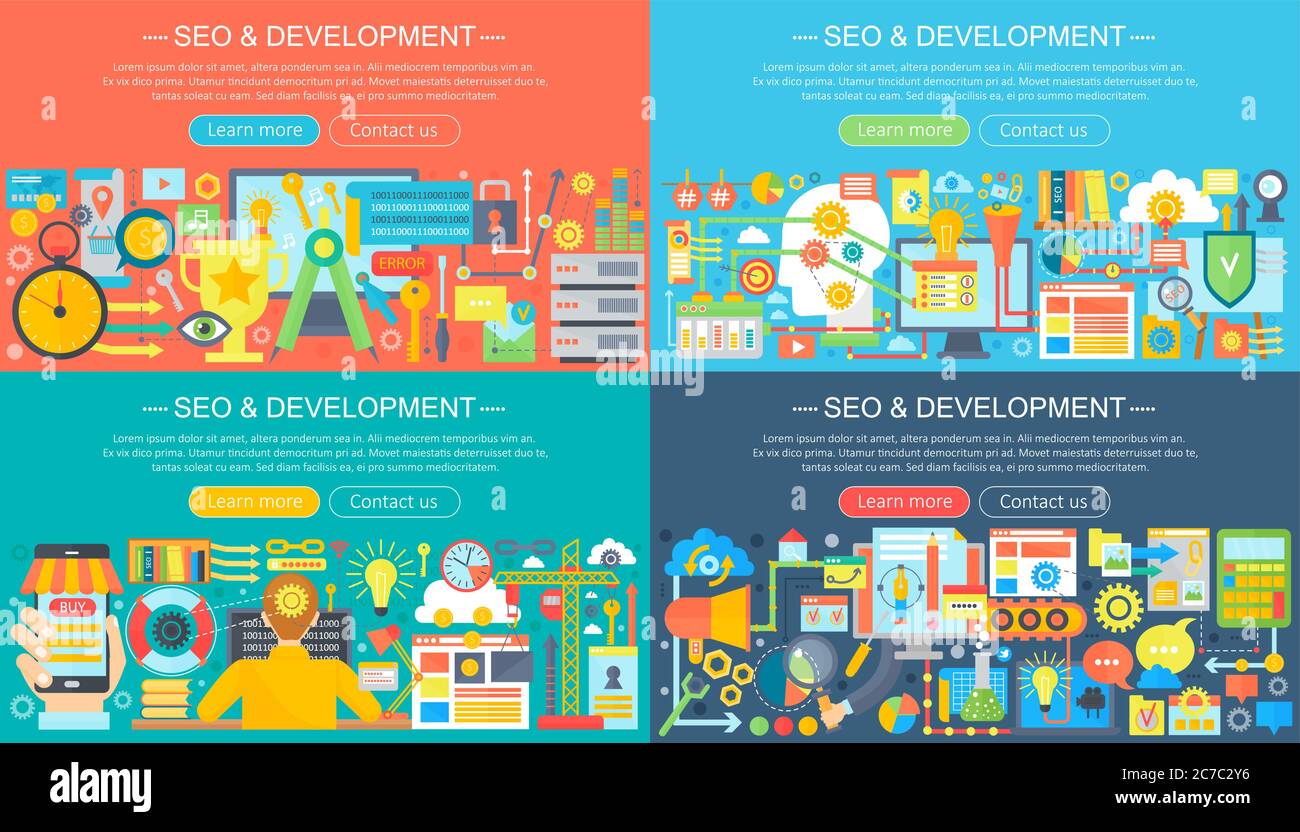SEO horisontal flat concept design banners set Stock Vector