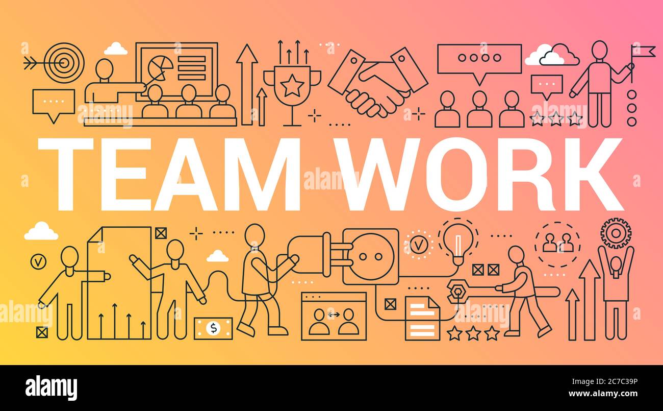 Team work word trendy composition concept banner. Outline stroke teamwork, creative group, community office. Flat line icons lettering typography Stock Vector