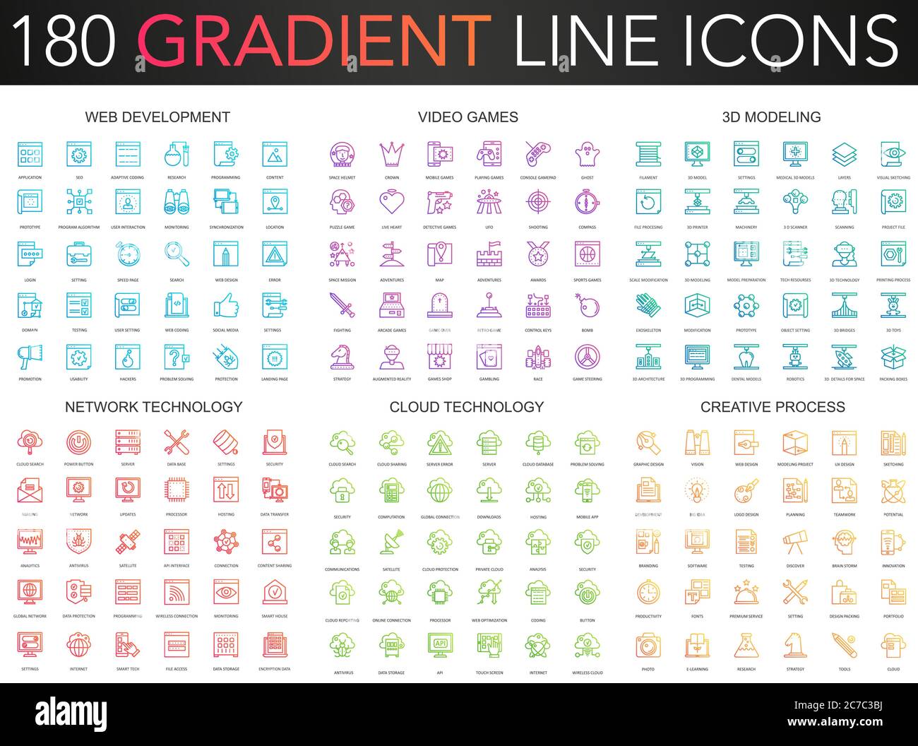 180 trendy gradient vector thin line icons set of web development, video games, 3d modeling, network technology, cloud data technology, creative process icon Stock Vector