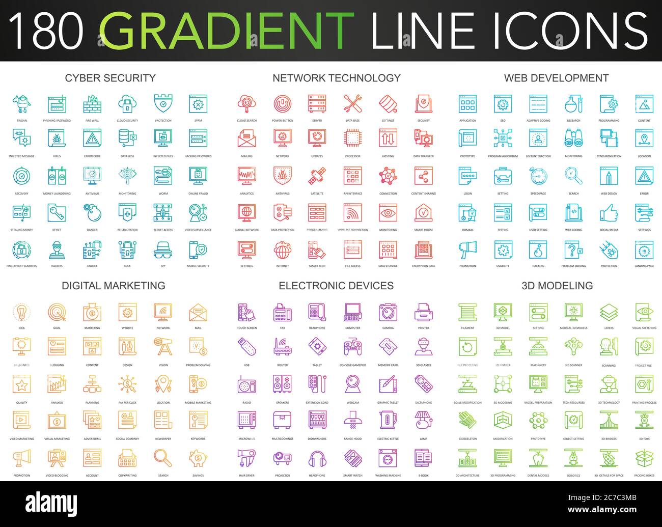 180 trendy gradient vector thin line icons set of cyber security, network technology, web development, digital marketing, electronic devices, 3d modeling icon Stock Vector