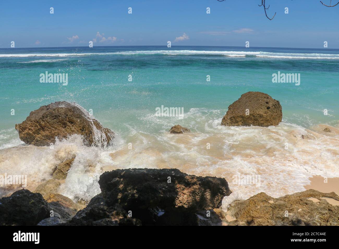 Splashing waves on shore. Waves splashing sea beach Stock Photo - Alamy