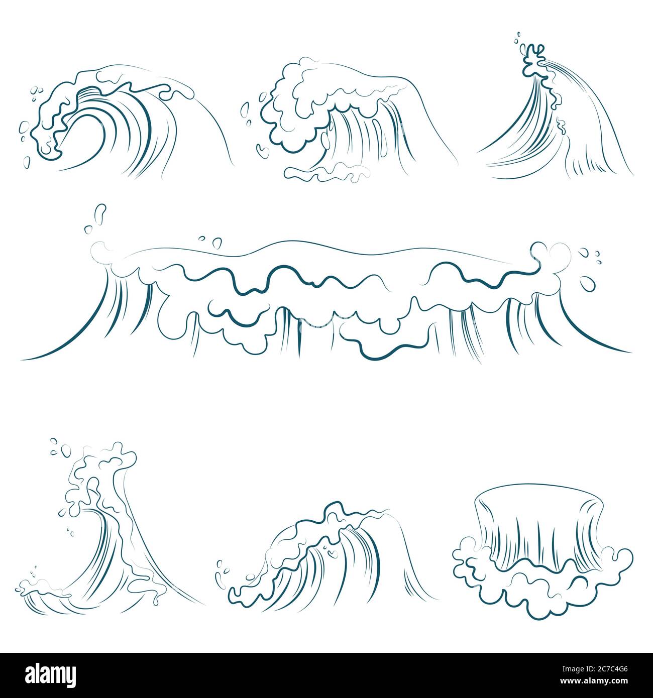 Hand drawn volumetric blue line sea waves vector set. Ocean storm wave isolated vector illustration Stock Vector