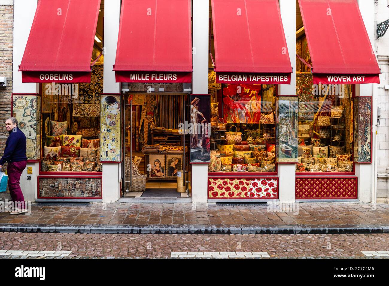 Tapestry store front in the historic quarter of Brugge, Belgium Stock Photo
