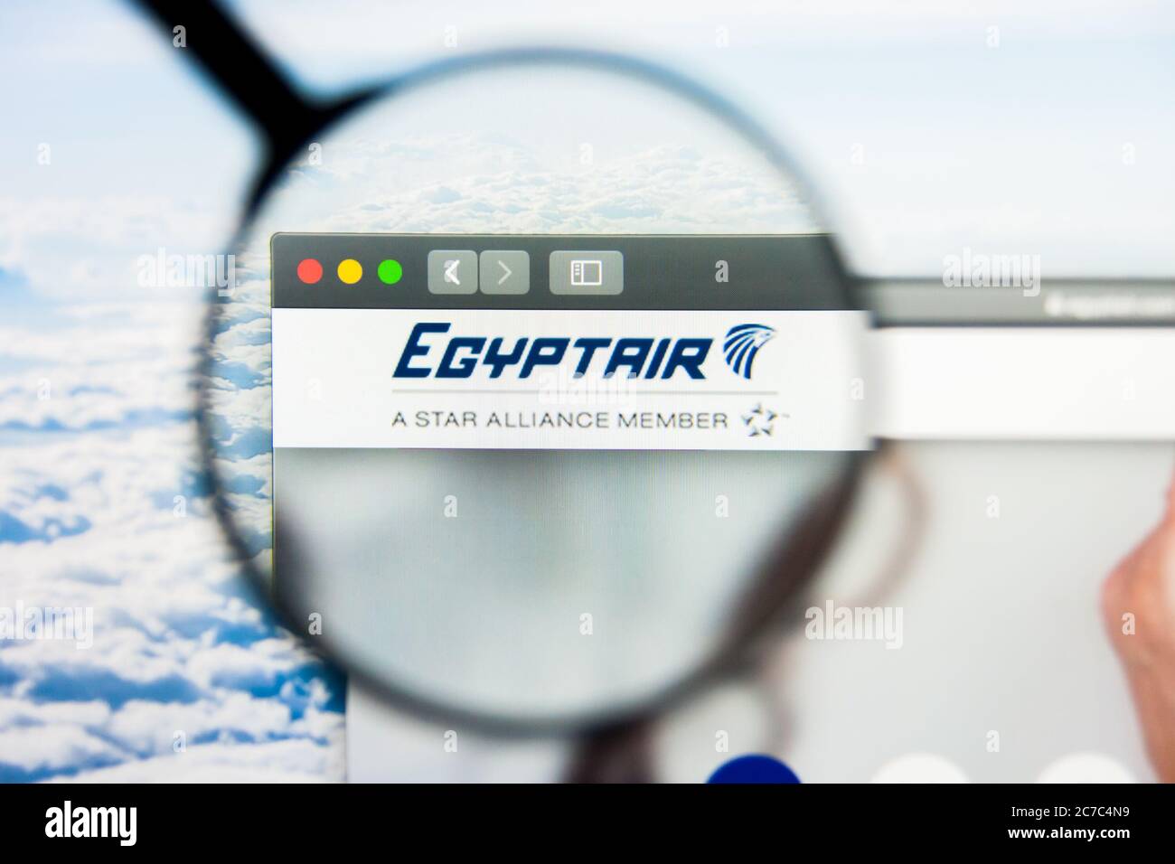 Los Angeles, California, USA - 21 March 2019: Illustrative Editorial of Egyptair website homepage. Egyptair logo visible on display screen. Stock Photo