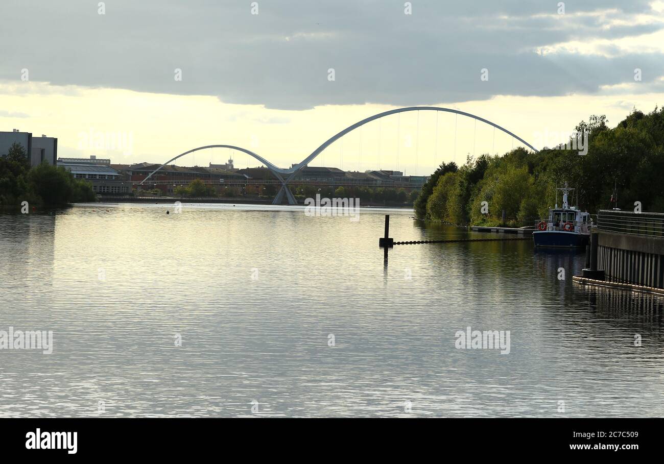 Infinity Bridge Stockton-on-Tees viewed from Tees Barrage Stock Photo
