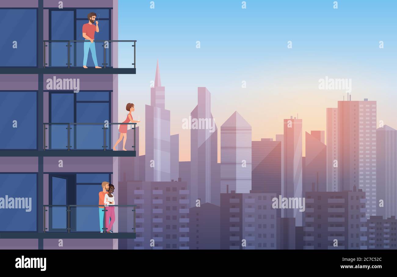 Apartment Balcony in modern house with resting people in sunset. Urban sityscape skyscrapers background cartoon vector illustration Stock Vector