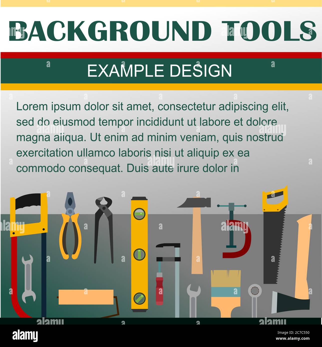 Building tools. Background for text. Construction, decoration, repair of houses, offices. Repair services. Tool kits. Sale, rent. Hand tools. Sets. Sh Stock Vector