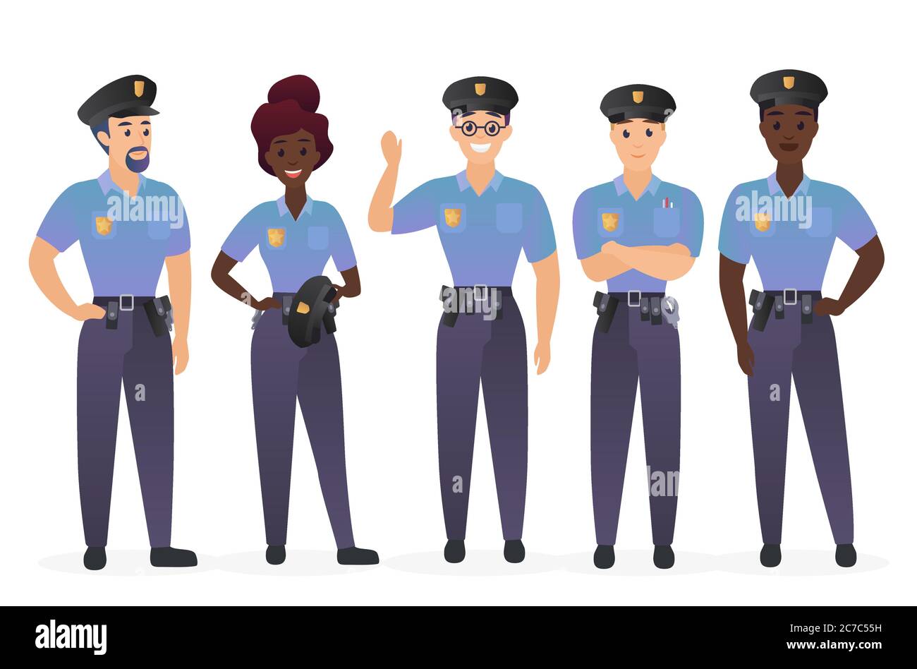 Group of police officers people. Man and woman security guards cops characters vector illustration Stock Vector