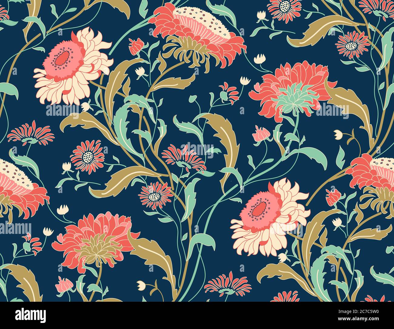Seamless floral pattern in folk style with wildflowers, leaves. Hand ...
