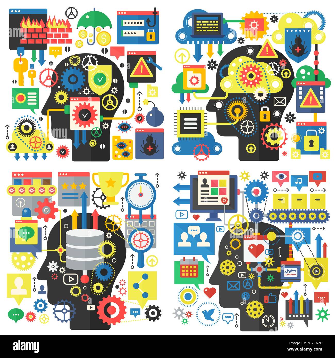 Infographic flat design head basic vector concept of creativity and research, social media, global network technology, online communication, computer protection and cyber security Stock Vector