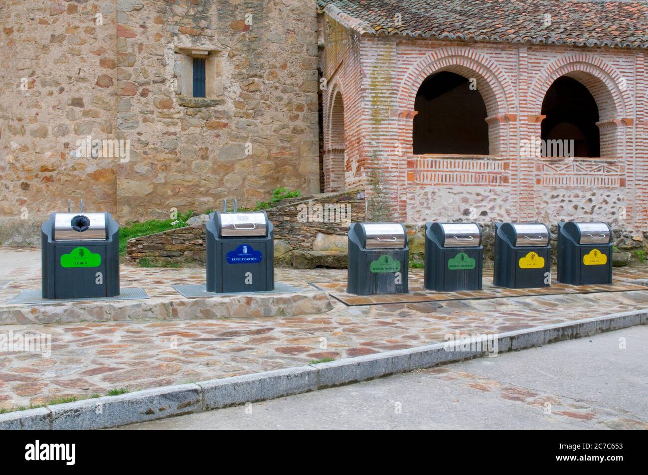 Recycling rubbish skips. Pradena del Rincon, Madrid province, Spain. Stock Photo