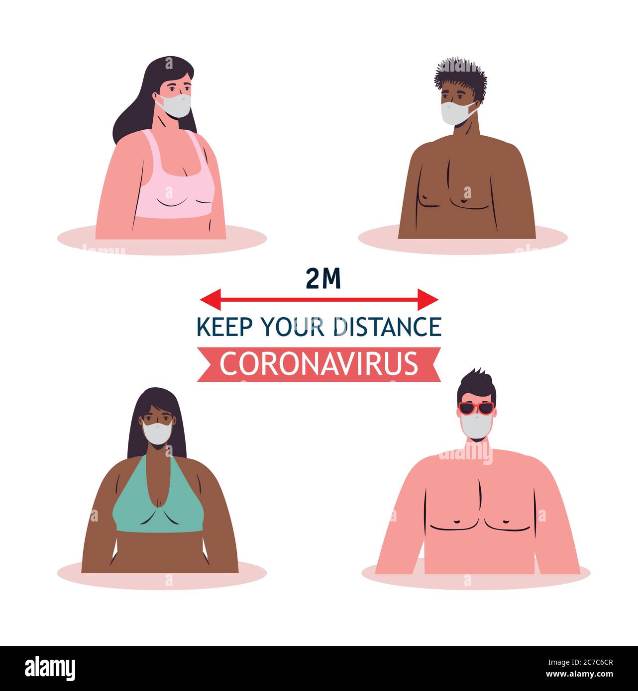 Social distancing between boys and girls with medical masks vector