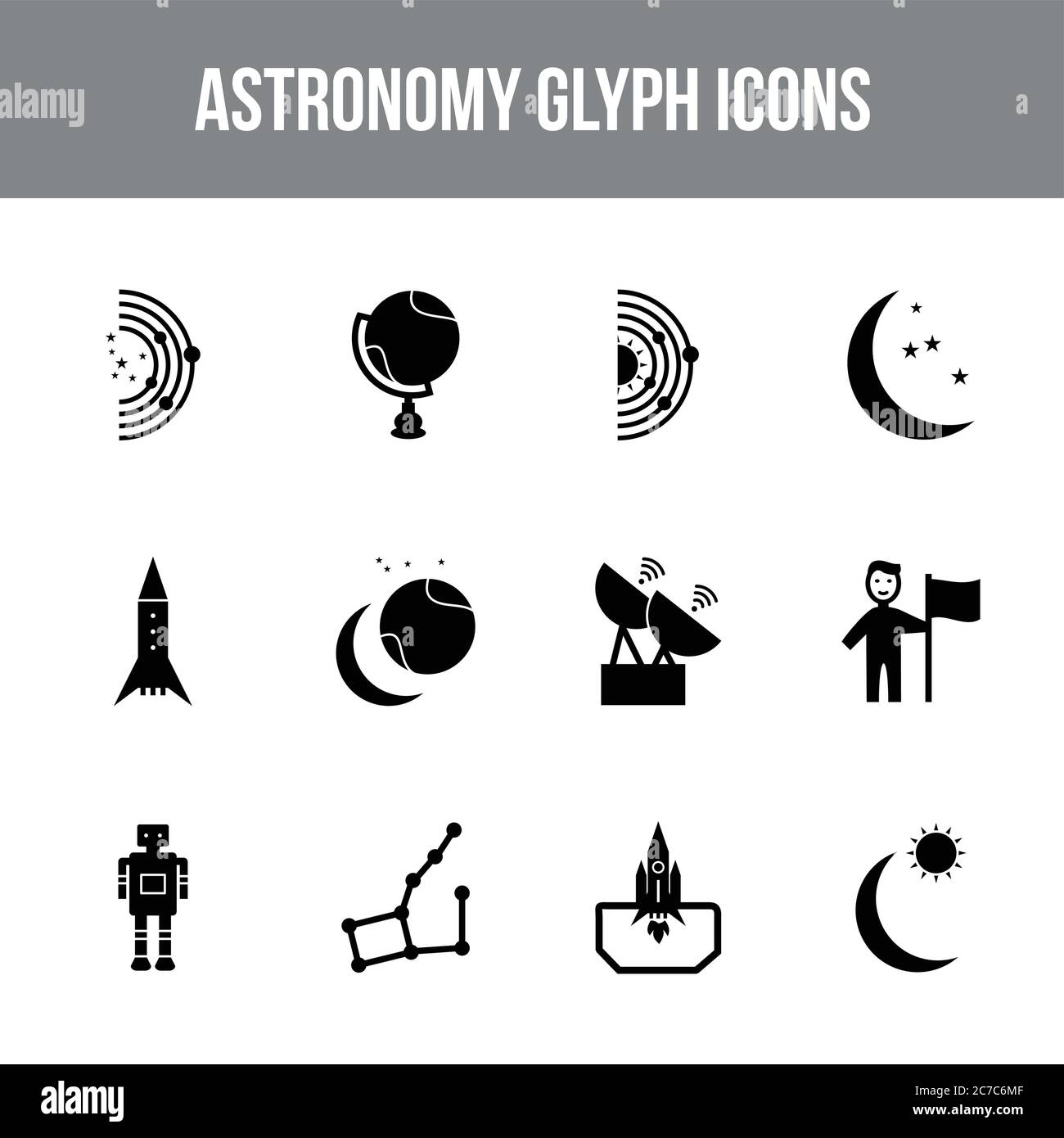 Unique astronomy vector glyph icon set Stock Vector