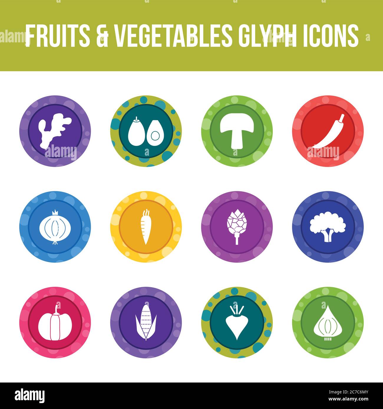 Unique fruits & vegetables vector glyph icon set Stock Vector