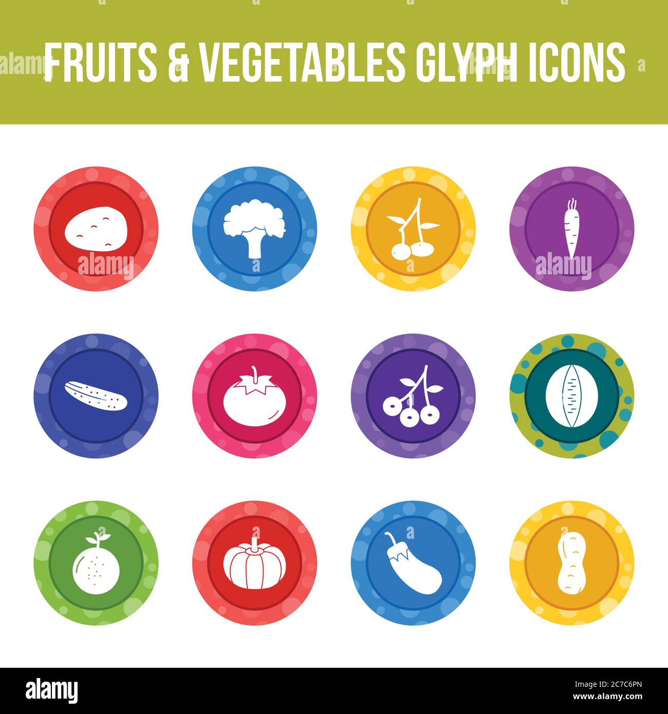Unique fruits & vegetables vector glyph icon set Stock Vector