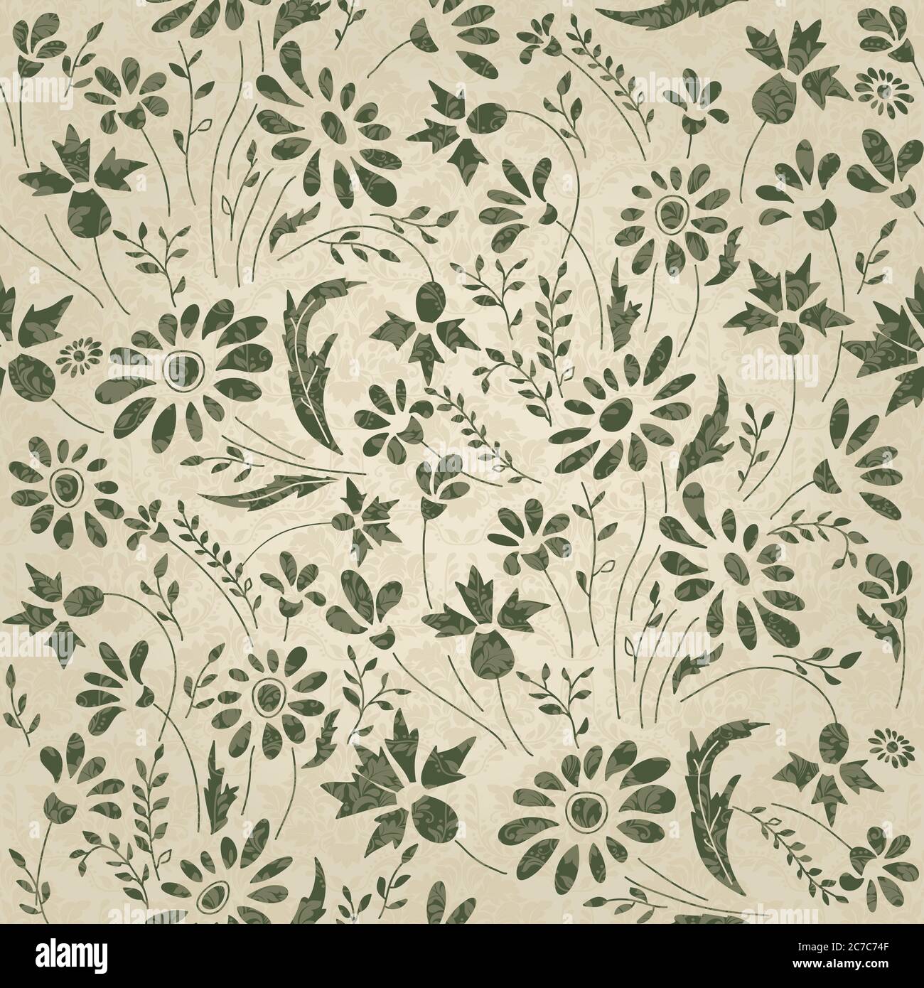 Seamless floral pattern in folk style with wildflowers, leaves. Hand ...