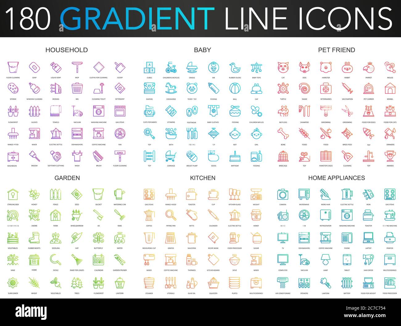 180 trendy gradient vector thin line icons set of household, baby, pet friend, garden, kitchen, home appliances icon Stock Vector