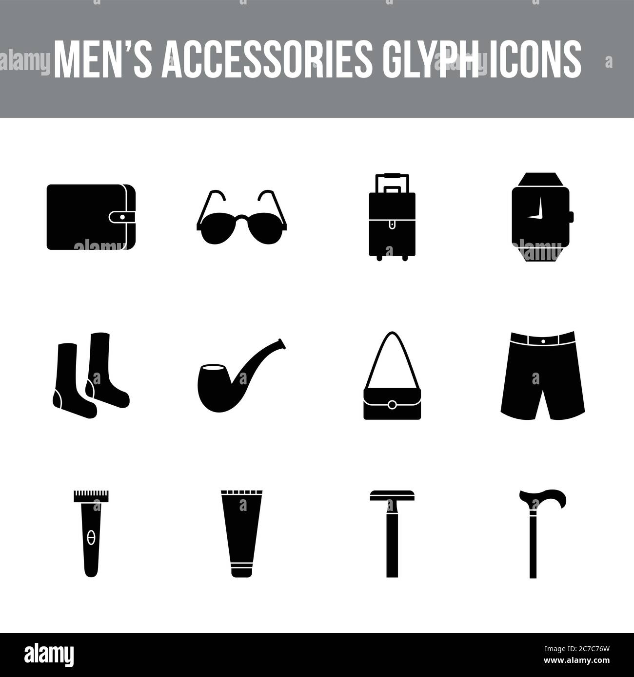 Unique men's accessories vector glyph icon set Stock Vector