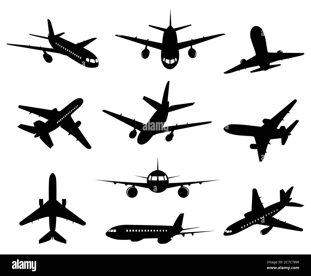 Airplane silhouette. Passenger plane landing, back front and bottom views, aircraft jet silhouettes isolated vector illustration icons set Stock Vector