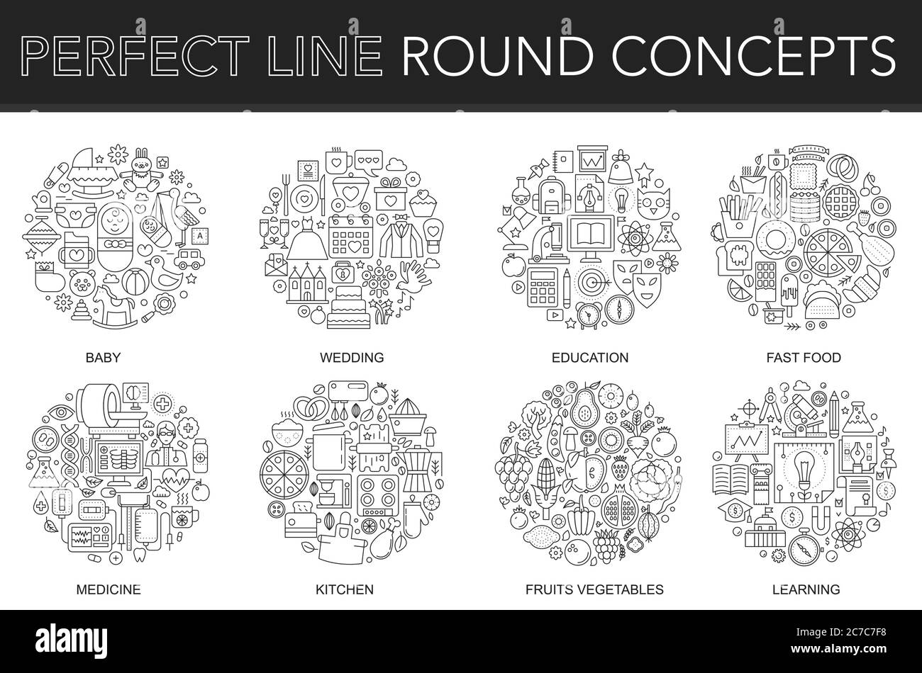 Round outline concept of baby, wedding, education, fast food, medicine, kitchen, fruits vegetables, learning. Thin line stroke vector icons set for cover, emblem, badge, flyers and posters Stock Vector