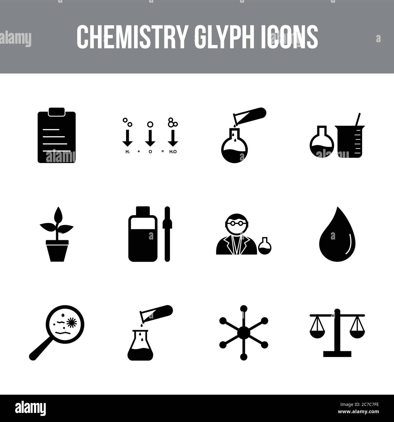 Unique chemistry vector glyph icon set Stock Vector