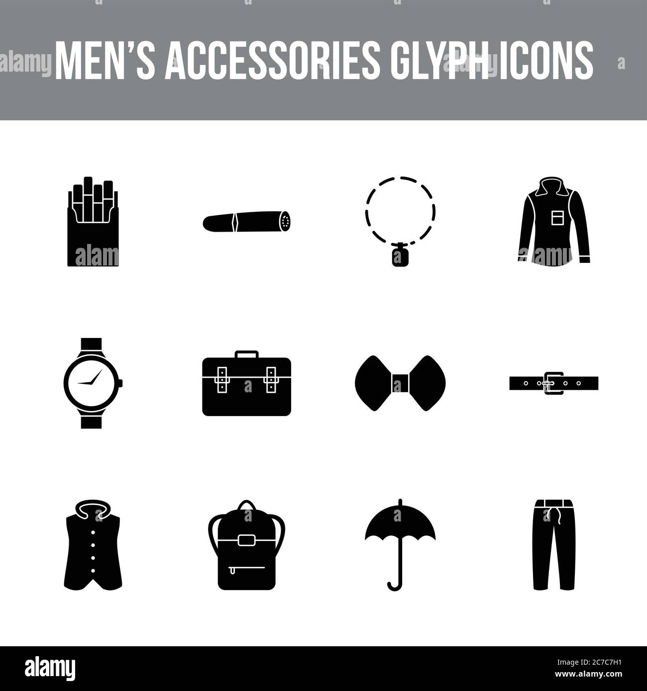 Unique men's accessories vector glyph icon set Stock Vector