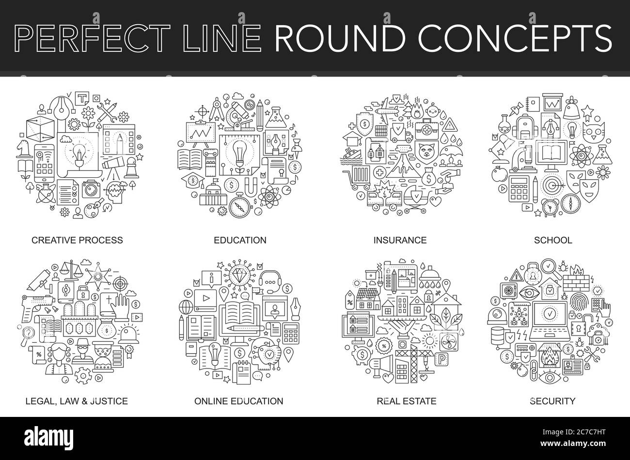 Round outline concept of creative process, insurance, school, legal, law and justice, online education, real estate, security icons. Thin line vector icons set for cover, emblem, flyers, posters Stock Vector
